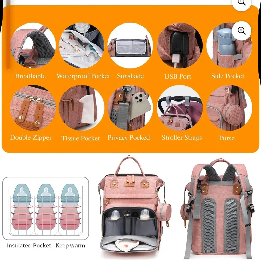 Pink Diaper Bag Backpack with Foldable Crib